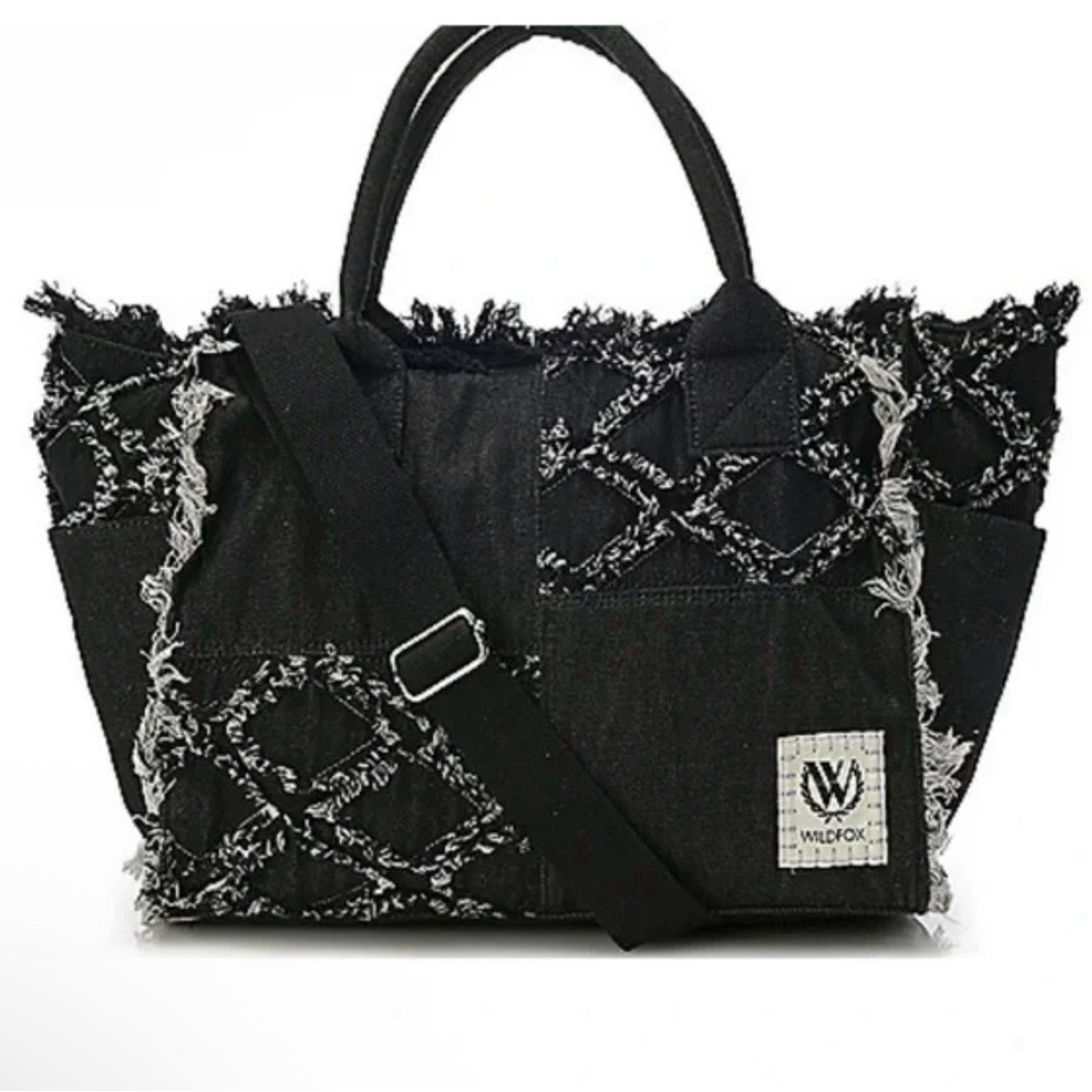 Wildfox Black Denim Distressed Black/Gray Detail Tote Bag w/adjustable strap
